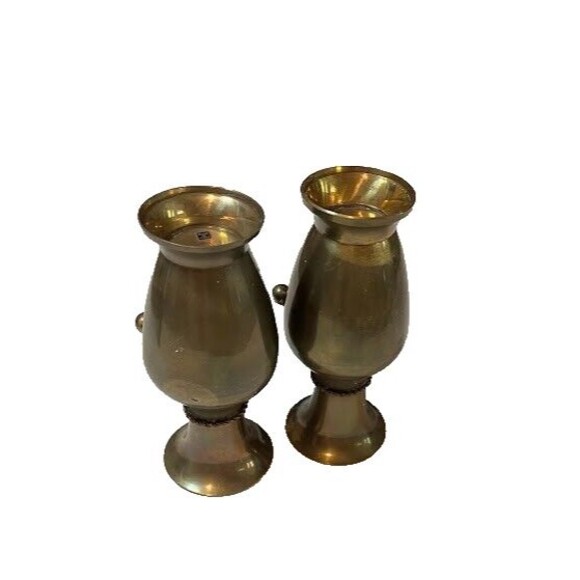 Vintage Traditional Brass 2 7" Bud Vases Urn Style Braided Rope & Tassel Design - Picture 4 of 4